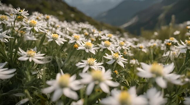 white Edelweiss flowers that bloom and thrive in mountain valleys in springtime