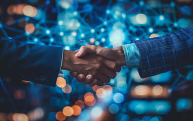 Businessman handshake via virtual network. Close up of business people shaking hands.