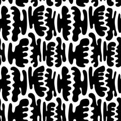 Black curved biomorphic shapes that look like combs arranged in black and white seamless pattern. Appealing surface art for printing or use in graphic design projects.