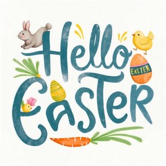 Hello Easter lettering with spring elements, a festive design with cute bunny, chicken, carrot and colorful eggs, isolated on a white background, greeting card
