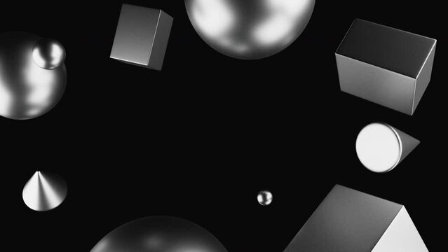3D render of primitives objects with metallic materials, 4K abstract seamless loop animated template, live wallpaper