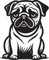 Chic Pug Silhouette: Charming Black Vector Illustration Expressive Pug Badge: Elegant Iconic Vector Design