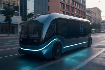 Futuristic electric bus in the shape of a sports car, letters on the side. Unusual shapes, Unusual...