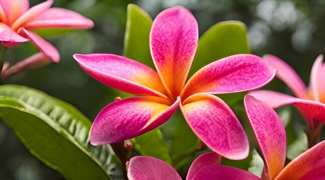 a close up shot of pink plumeria flower moving in the wind with a blurred background