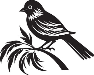 Obraz premium Whimsical Feathered Friend: Tropical Bird Perched on Branch Vector Black Logo Icon Enchanting Rainforest Encounter: Cute Tropical Bird on Branch Black Logo Vector Design