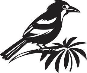 Enchanted Rainforest Beauty: Cute Tropical Bird on Branch Black Logo Vector Design Majestic Avian Grace: Tropical Bird Perched on Branch Vector Black Logo Icon