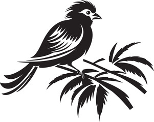 Radiant Avian Majesty: Cute Tropical Bird on Branch Black Logo Vector Design Tranquil Jungle Elegance: Tropical Bird Perched on Branch Vector Black Logo Icon