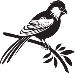 Radiant Feathered Charm: Cute Tropical Bird on Branch Black Logo Vector Design Tranquil Rainforest Delight: Tropical Bird Perched on Branch Vector Black Logo Icon