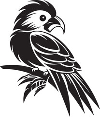 Radiant Feathered Grace: Cute Tropical Bird on Branch Black Logo Vector Design Tranquil Avian Serenity: Tropical Bird Perched on Branch Vector Black Logo Icon