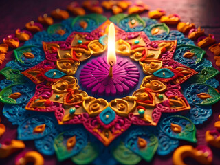 Top view of colourful rangoli patterns and candle background design.
