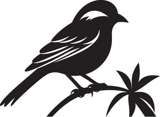 Tranquil Feathered Harmony: Tropical Bird Perched on Branch Vector Black Logo Icon Exotic Avian Serenity: Cute Tropical Bird on Branch Black Logo Vector Design