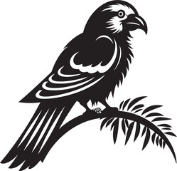 Radiant Jungle Beauty: Cute Bird Perched on Branch Vector Black Logo Icon Exquisite Avian Grace: Tropical Bird on Branch Black Logo Vector Design