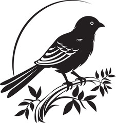Ethereal Plumage Elegance: Tropical Bird on Branch Black Logo Vector Design Radiant Jungle Beauty: Cute Bird Perched on Branch Vector Black Logo Icon