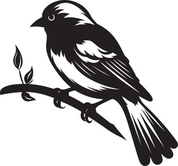 Radiant Feathered Charm: Tropical Bird on Branch Black Logo Vector Design Tranquil Avian Symphony: Cute Bird Perched on Branch Vector Black Logo Icon