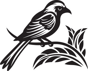 Exotic Feathered Charm: Tropical Bird on Branch Vector Logo Icon Whimsical Tropical Bird: Perched on Branch Black Logo Vector Design