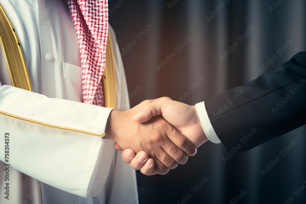 Wall mural An Arab person shaking hands with a businessman, one color background , copy space - generative ai