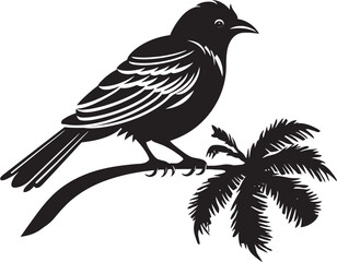 Serene Plumage Harmony: Tropical Bird on Branch Black Logo Vector Design Ethereal Rainforest Delight: Cute Bird Perched on Branch Vector Black Logo Icon