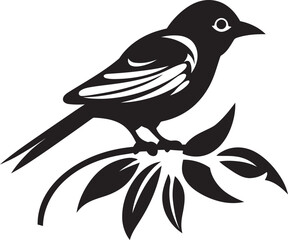 Enchanted Rainforest Charm: Tropical Bird on Branch Black Logo Vector Design Majestic Jungle Serenity: Cute Bird Perched on Branch Vector Black Logo Icon