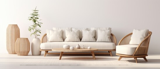 Fototapeta na wymiar Modern Scandinavian-style furniture set on white background with shadows, featuring sofa, rug, basket, and coffee table in white fabric upholstery.