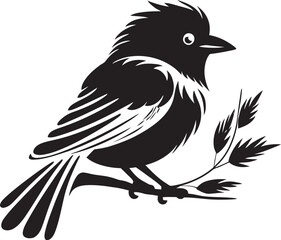 Whimsical Tropical Bird: Perched on Branch Black Logo Vector Design Serene Avian Beauty: Tropical Bird on Branch Vector Icon Design