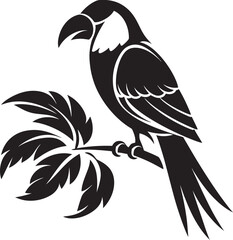 Fototapeta premium Tranquil Avian Beauty: Tropical Bird Black Logo Vector Exotic Jungle Symphony: Perched Bird Vector Logo Icon Design