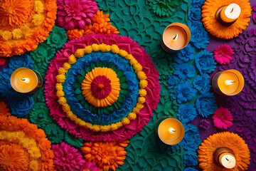 Top view of colourful rangoli patterns and candle background design.