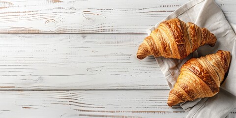 Crisp and Golden Indulgence: Artisanal Croissants Rest on a Rustic Cloth, Inviting a Sense of Warmth and Gourmet Craftsmanship, Generative AI