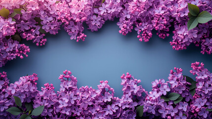 Lilac flowers on blue background. Top view with copy space
