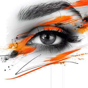Close up of beautiful female eye with abstract floral design on white background.