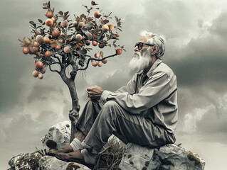 Ein alter Mann sitzt an seinem Baum der Erkenntnis und denkt über Raum und Zeit nach. KI generiert. - obrazy, fototapety, plakaty