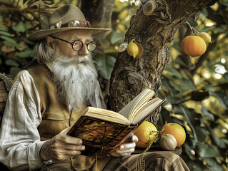 Ein alter Mann sitzt im Garten und liest aus einem alten Märchenbuch vor. KI generiert. - 758315740