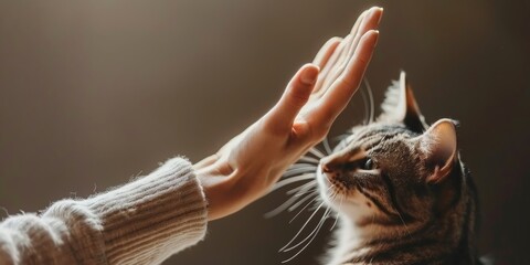 High-Five Harmony: A Domestic Cat Engages in a Trusting High-Five with a Human, Showcasing the Playful Bond Between Species, Generative AI