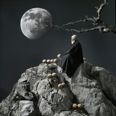 Ein alter Mann sitzt auf eienm Felsen, schaut in den Mond und denkt über Raum und Zeit nach. KI generiert. - 758315787