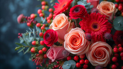 Bouquet of red and pink roses on a dark blue background