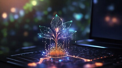 Generative AI illustration of glowing big plant growing on computer chip representing digital ecology business and blurred background - obrazy, fototapety, plakaty