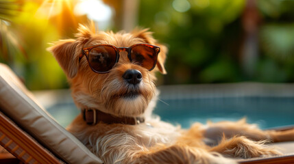 Cute dog with sunglasses relaxingchair at swimming pool.