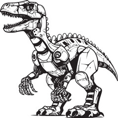 Mech-Saurus Badge: Vector Black Logo Icon Design Illustrating Robotic Dinosaur Evolution Techno-Dino Badge: Vector Black Logo Icon Design Illustrating Cutting-Edge Dinosaur Robotics