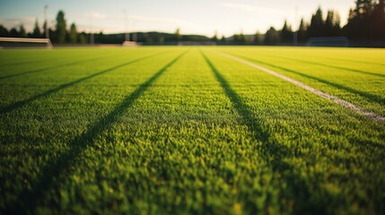 Artificial turf soccer field. green synthetic grass, goal posts, shadows - sports ground maintenance