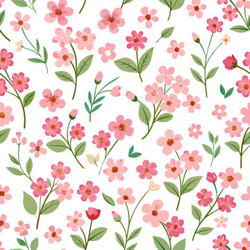 spring flowers and leaves pastel seamless pattern background