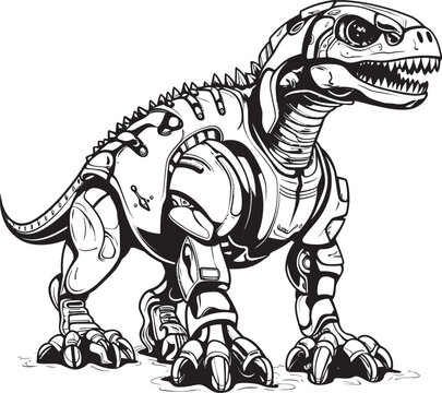 Cyber-Rex Symbol: Black Logo Icon Design Illustrating Robotic Dinosaur Evolution in Vector Mech-Saur Badge: Vector Black Logo Icon Design Depicting Robotic Dinosaur Innovation