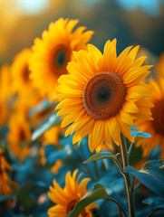 Fototapeta premium Sunflowers in the field at sunset. Shallow depth of field