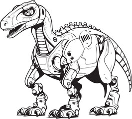 Cybernetic Dino Symbol: Black Logo Icon Design Featuring Robotic Reptile in Vector Mech-Saurus Badge: Vector Black Logo Icon Design for Robotics Companies