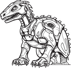 Robo-Dino Power Badge: Black Logo Icon Design Featuring Vector Graphics Cyber-Raptor Insignia: Vector Black Logo Icon Design for Futuristic Tech Brands