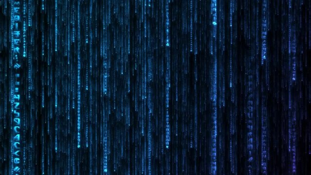Blue symbols matrix rain 3d. Digital glyphs falling and approaching in matrix style.