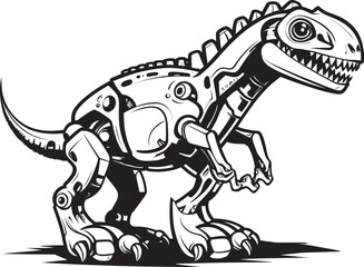 Fototapeta premium Mech-Rex Crest: Vector Black Logo Icon Design for Innovative Robotics Companies Dino-Bot Emblem: Black Logo Icon Design Featuring Robot Dinosaur in Vector Graphics