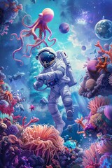 Astronaut encounters vibrant alien marine life in a fantastical underwater space scene.