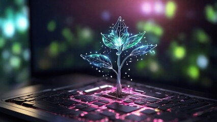 Generative AI illustration of glowing big plant growing on computer chip representing digital ecology business and blurred background - obrazy, fototapety, plakaty