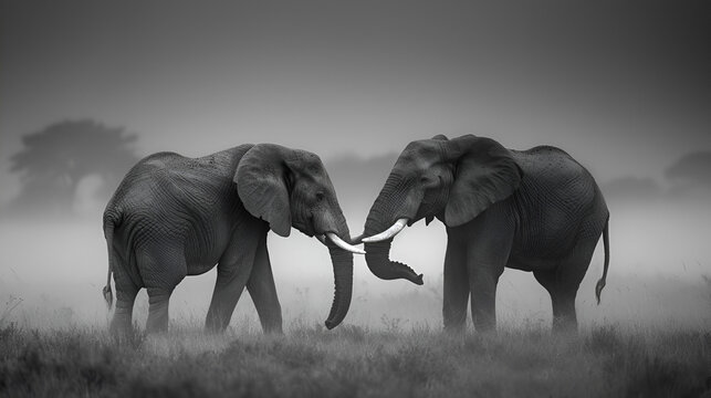 A black and white picture of a couple of elephants on Black Background Generative AI 