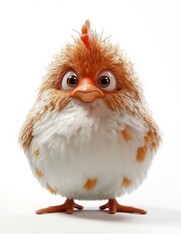 Cute cartoon chick with a fluffy body and big eyes standing against a white background.