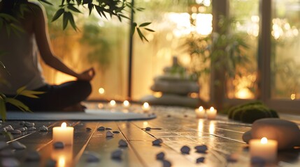 Intimate Meditation Retreat with Candles and Nature Backdrop - Generative AI